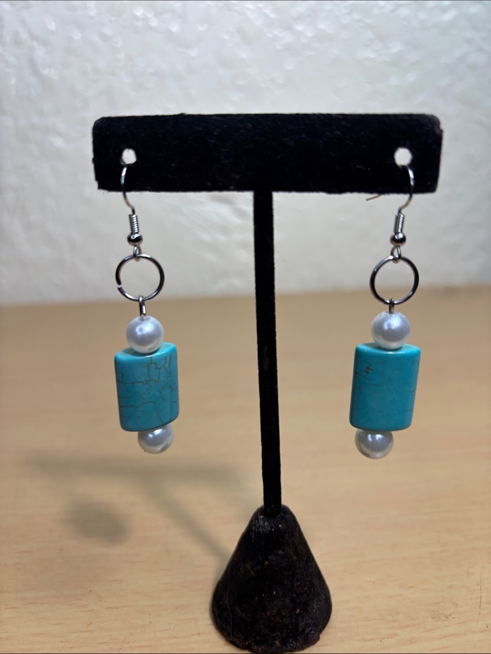 Turquoise Bead and Pearl Drop Earrings - Unbranded